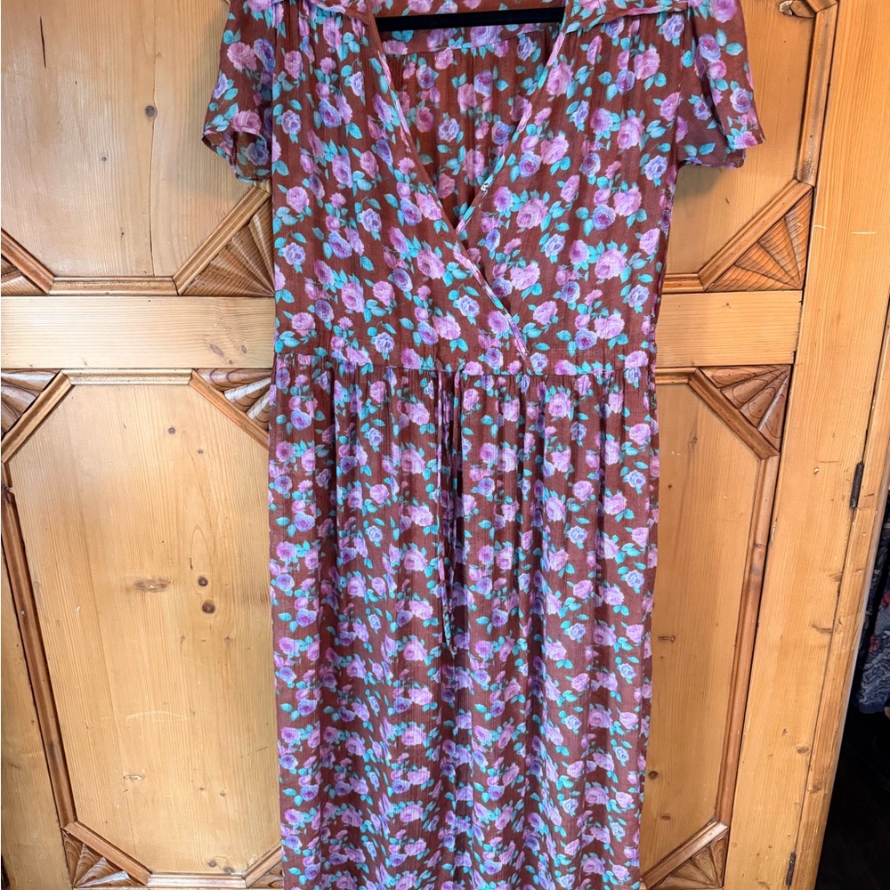 Christy Dawn Brown Floral Wrap Midi Dress with Lavender & Teal Blooms